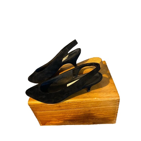 Diane Von Furstenberg Suede Kitten Sling Back 6 1/2 Black On Black - Picture 1 of 10